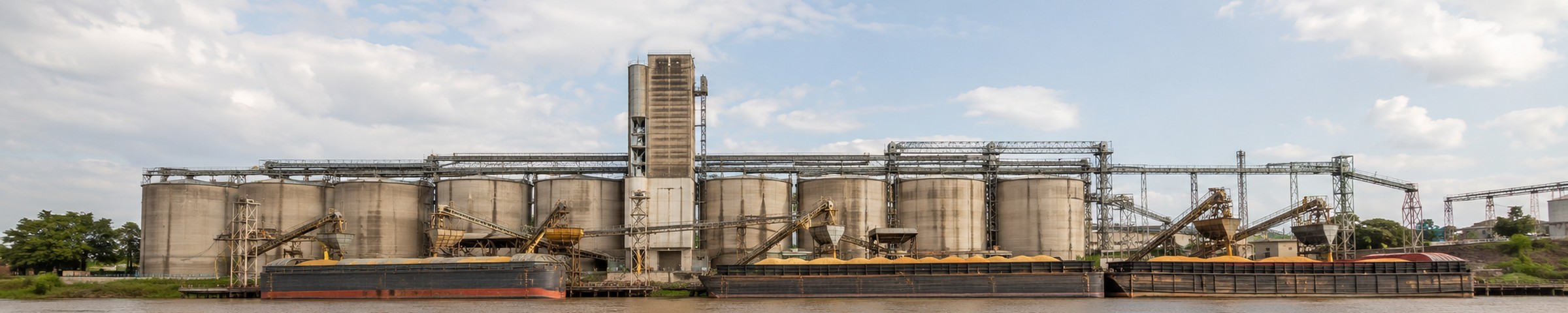 Ilustración editorial de la economía paraguaya: barcazas en el río, silos y una curva ascendente