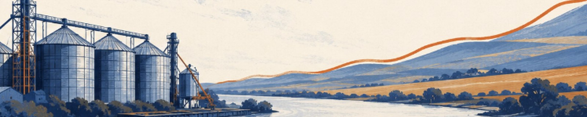 Ilustración editorial de la economía paraguaya: barcazas en el río, silos y una curva ascendente