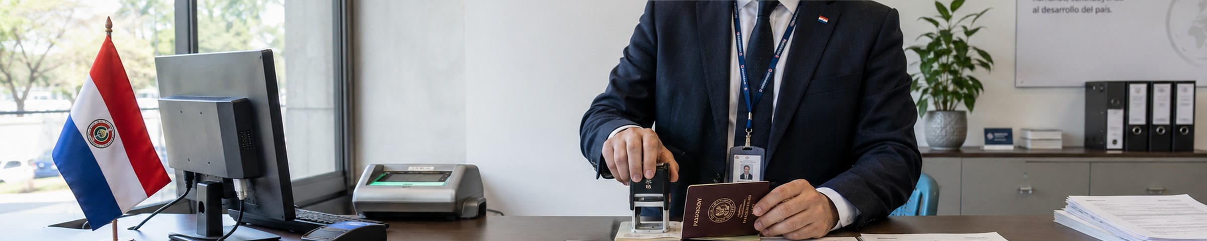 Pasaportes y formularios de residencia sobre un escritorio, trámite migratorio en Paraguay