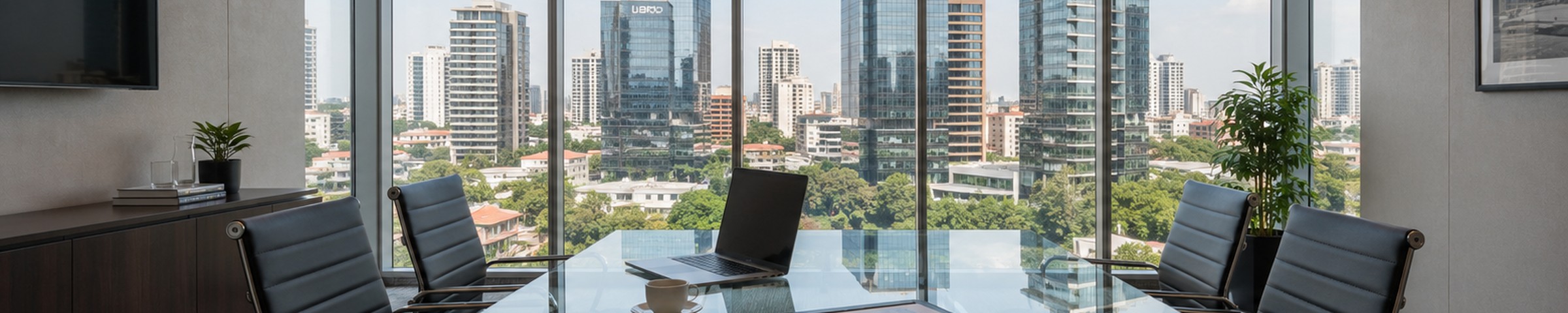 Reunión de asesoría profesional revisando documentos frente a una ventana con vista a Asunción